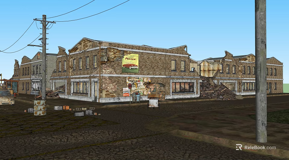 Old Brick Storefront Buildings With Vintage Signage And Utility Poles On Cobblestone Street 3d model 