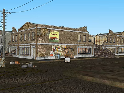 Old Brick Storefront Buildings With Vintage Signage And Utility Poles On Cobblestone Street 3d model
