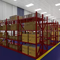 Warehouse Interior With Rows of Red Racks And Stacked Cardboard Boxes