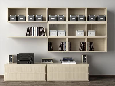 Light Colored Wall Cabinets With Gray Boxes Books Drawer Cabinets And Audio Equipment 3d model