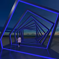 Modern Event Entrance With Blue Illuminated Geometric Structure And People Walking At Sunset