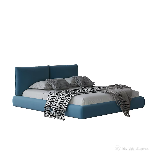 Modern Blue Upholstered Double Bed With Gray Pillows And Checkered Blanket 3d model