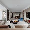 Modern Minimalist Bright Living And Dining Room Interior Design With Comfortable Sofas And Art Decorations