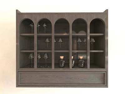 Wooden Wall Cabinet With Arched Doors Multiple Shelves And Bottom Drawer Design 3d model
