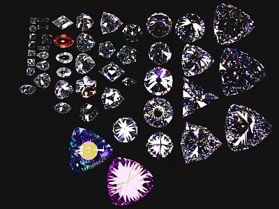 Collection Of Sparkling Diamonds In Various Shapes And Colors On Black Background 3d model
