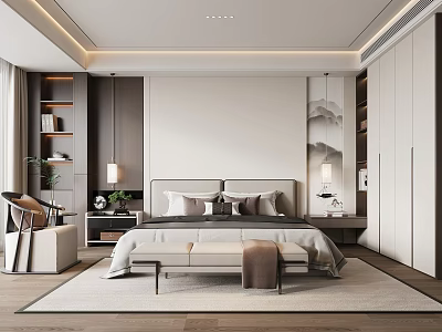 Modern Bedroom Interior With Bed Bench Nightstands Bookshelves And Built In Wardrobes 3d model