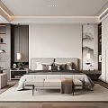 Modern Bedroom Interior With Bed Bench Nightstands Bookshelves And Built In Wardrobes
