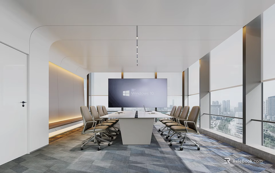 Modern Conference Room Interior Design With Large Screen Conference Table And City View Through Windows 3d model 