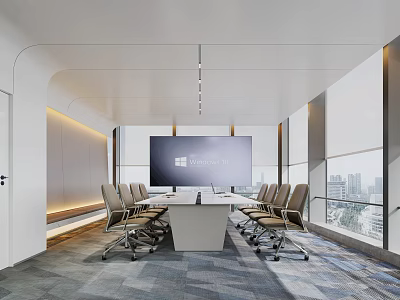 Modern Conference Room Interior Design With Large Screen Conference Table And City View Through Windows 3d model