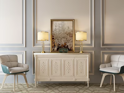 Elegant Beige Entryway Sideboard Cabinet With Carved Design Table Lamps Wall Paneling And Accent Chairs 3d model