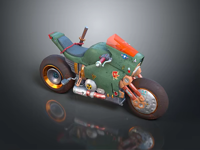 Green Custom Motorcycle With Orange Accents Gold Rims And Thick Tires 3d model