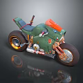 Green Custom Motorcycle With Orange Accents Gold Rims And Thick Tires