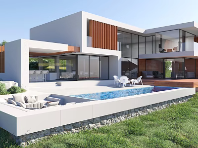 Modern Detached Villa Featuring Swimming Pool Lawn Outdoor Seating And Large Windows 3d model