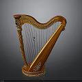 Classical Wooden Harp as Decorative Household Item with Carved Details and Red Strings
