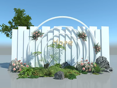 Floral Display with White Backdrop Arch Hope Gold Letter Pink White Flowers and Green Plants 3d model