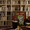 Modern Study Room Interior With Bookshelves Colorful Painting Gold Plant And Decorative Sculpture