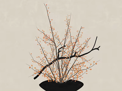Bonsai Plant with Thin Branches and Orange Berries in Black Pot 3d model