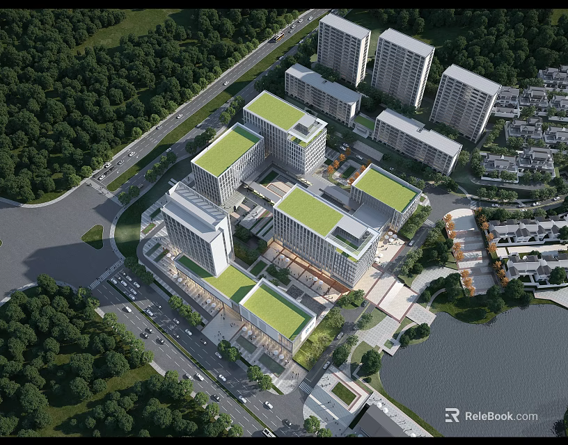 Modern Eco Friendly Office Buildings with Green Roofs Surrounded by Lush Trees and Waterfront Area 3d model 