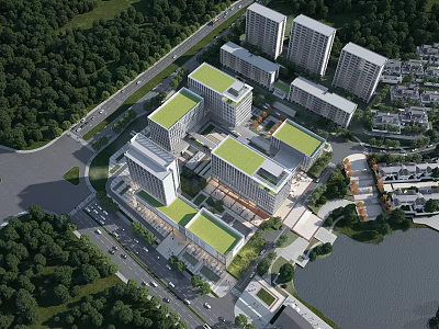Modern Eco Friendly Office Buildings with Green Roofs Surrounded by Lush Trees and Waterfront Area 3d model