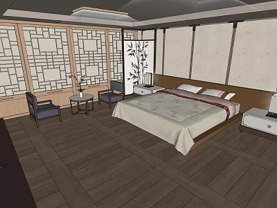 Traditional Hotel Guest Room With Wooden Flooring Lattice Screens And Double Bed 3d model