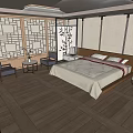 Traditional Hotel Guest Room With Wooden Flooring Lattice Screens And Double Bed