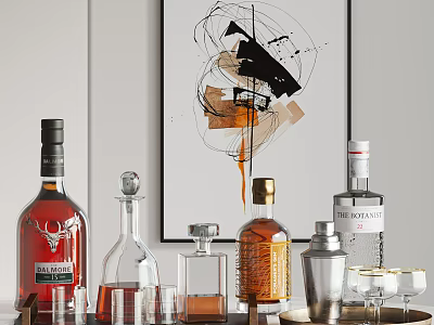 Elegant Whiskey and Vodka Bottles with Cocktail Glasses and Bar Shaker Near Abstract Wall Art 3d model