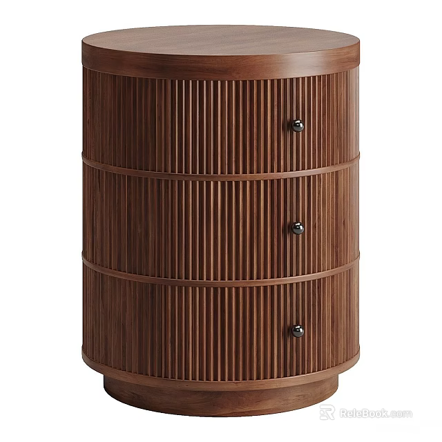 Solid Walnut Wood Ribbed Round Nightstand With Three Exquisite Storage Drawers For Modern Bedroom 3d model 