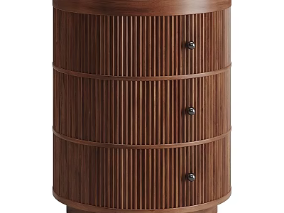 Solid Walnut Wood Ribbed Round Nightstand With Three Exquisite Storage Drawers For Modern Bedroom 3d model
