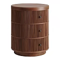 Solid Walnut Wood Ribbed Round Nightstand With Three Exquisite Storage Drawers For Modern Bedroom