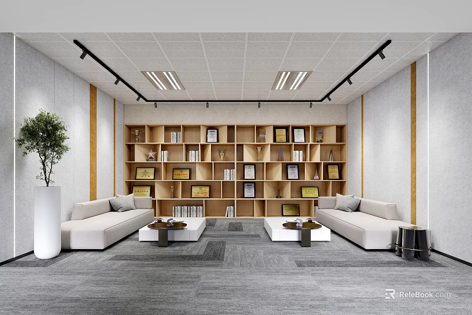 Modern Lounge Area With Beige Sofas Wooden Bookshelves Coffee Tables And Potted Plant 3d model 