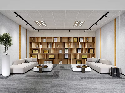 Modern Lounge Area With Beige Sofas Wooden Bookshelves Coffee Tables And Potted Plant 3d model