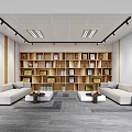 Modern Lounge Area With Beige Sofas Wooden Bookshelves Coffee Tables And Potted Plant