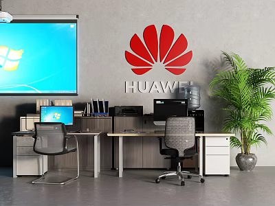 Modern Office Desk With HUAWEI Logo Large Screen Computers Chairs Green Plant And File Cabinets 3d model