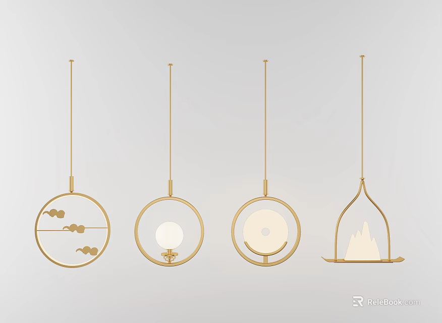Modern Golden Frame Pendant Lights With Four Different Natural Element Designs 3d model