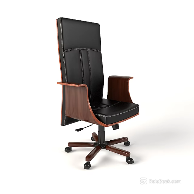 Black Leather Office Chair With High Back Wooden Armrests And Wheels 3d model 