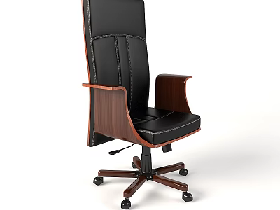 Black Leather Office Chair With High Back Wooden Armrests And Wheels 3d model