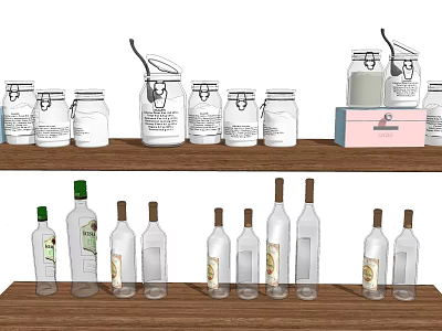Glass Spice Bottles Collection On Wooden Shelf For Kitchen Storage And 3d model