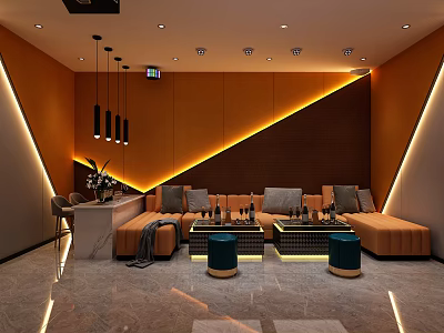 Modern KTV Interior Design With Orange Walls Sofas Pendant Lights Coffee Tables And Wine Bottles 3d model