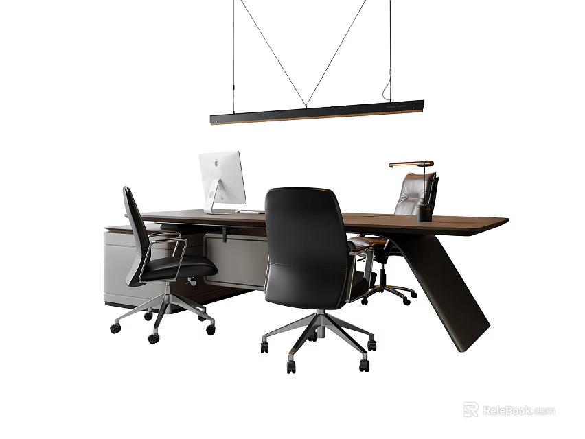 Modern Office Desk With Wooden Surface Computer Monitor Black Chairs And Hanging Lamp 3d model 