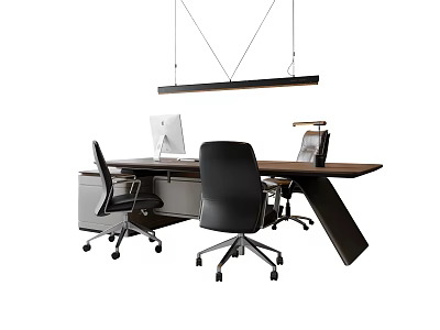 Modern Office Desk With Wooden Surface Computer Monitor Black Chairs And Hanging Lamp 3d model