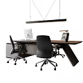 Modern Office Desk With Wooden Surface Computer Monitor Black Chairs And Hanging Lamp