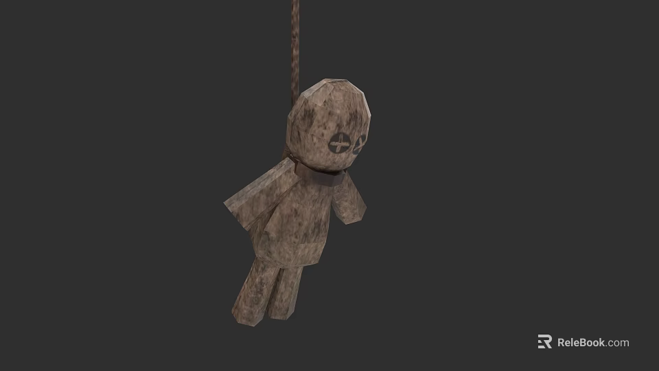Old Hanging Wooden Doll With Rough Texture Against Dark Background 3d model