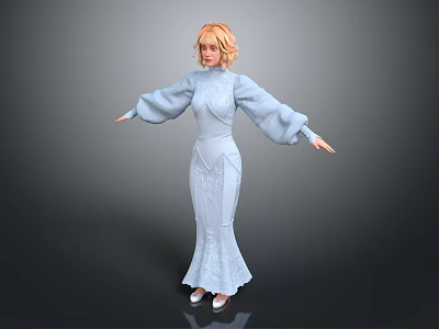 Blonde Woman In Light Blue Long Dress Standing With Arms Outstretched 3d model