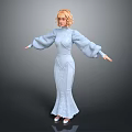 Blonde Woman In Light Blue Long Dress Standing With Arms Outstretched