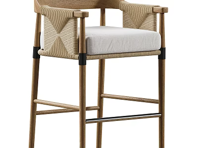 Natural Wooden Frame Bar Stool With Woven Armrests And Comfortable Light Cushion 3d model