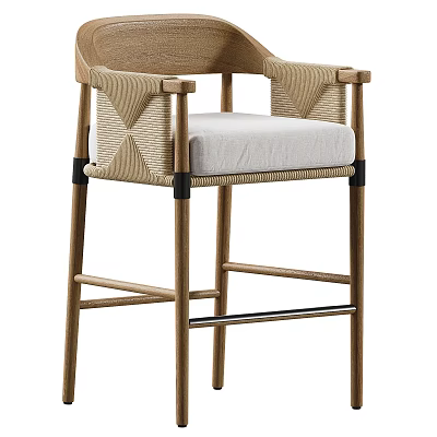 Natural Wooden Frame Bar Stool With Woven Armrests And Comfortable Light Cushion 3d model