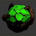 Detailed Carved Brown Wooden Staff With Two Green Gemstones On Top And Middle