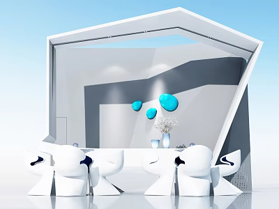 Contemporary Modern Lounge Space With White Geometric Furniture Blue Circular Decor And Vase 3d model