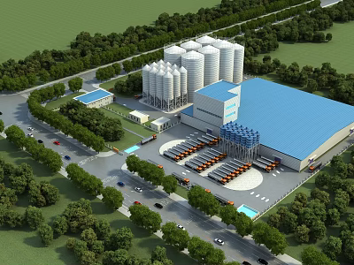 Industrial Plant With White Silos Blue Roof Surrounding Trees Roads Parking Area And Vehicles 3d model