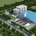 Industrial Plant With White Silos Blue Roof Surrounding Trees Roads Parking Area And Vehicles